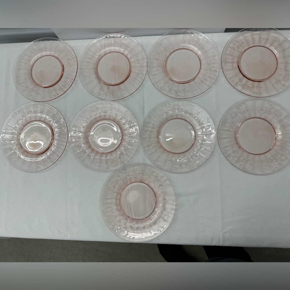 Vintage Pink Depression Glass Etched Dessert Plates (9)